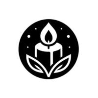 Elegant black and white circular featuring a candle with a stylized flame, flanked by leaves, and scattered dots, conveying a sense of peace and serenity. vector