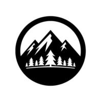 Black and White Minimalist Featuring Mountain Peaks and Evergreen Trees within a Circular Frame on White Backdrop vector