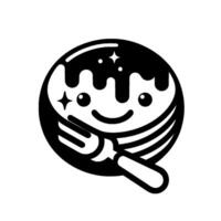 Cheerful pancakefaced character with dripping syrup, sparkling highlights, and a fork, presented in a minimalist blackandwhite . vector