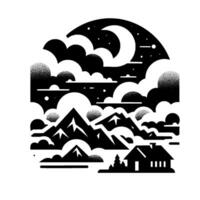 A monochromatic mountain landscape illustration featuring a crescent moon, stars, clouds, house, and pine trees, creating a serene, minimalist scene. vector