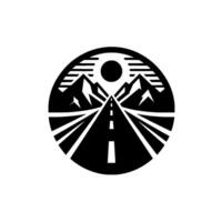 Stylized Black and White Road Through Mountains Beneath a Sun in Circular Frame, Minimalist Travel vector