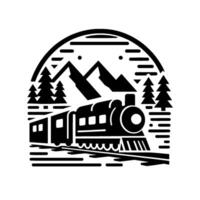 Silhouette of a vintage steam train, mountains, and forest nestled within an arched , creating a naturethemed badge. vector