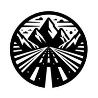 A stark, minimalist black and white circular featuring a mountain range, a road leading to the mountains, and a stylized sun or moon. vector