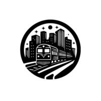illustration of a train traversing city skyscrapers beneath stars and a moon, all within a circular border. vector