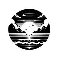 Black and white circular artwork of a mountain range reflecting on a lake with a cloudy sky, a large sun and birds. vector