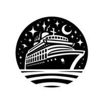 A Black and White Cruise Ship Sailing Under a Starry Night Sky, Depicted in a Circular Style, with Crescent Moon and Smoke. vector