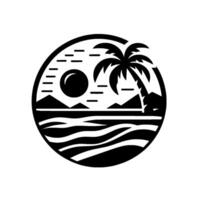 Black and white circular illustration of a tropical beach scene, sun setting over water with palm tree silhouette. vector