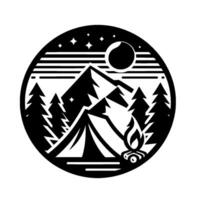 Black and white circular featuring a tent, campfire, mountains, trees, moon, and stars, evoking a serene camping scene. vector