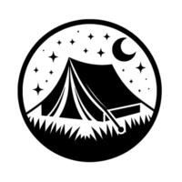 Black and White Circular Camping with Tent, Stars, Moon, and Grass in a Nighttime Scene. vector