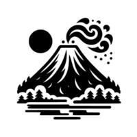 Stylized Silhouette Volcanic Mountain, Sun, Smoke, Trees, and Water, in a Bold Black and White Composition. vector