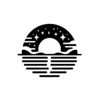 Stylized black and white of a sunset over water, featuring a starry sky, and horizontal lines for the water. vector