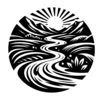 Black and white circular landscape art featuring a winding river, sun, mountains, and stylized natural elements within a unique . vector