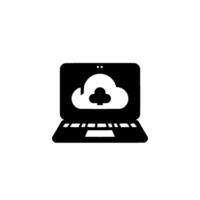 Minimalist black and white laptop with a white cloud symbol containing a clover, symbolizing cloud computing or data storage on a white backdrop. vector