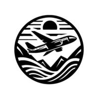 Silhouette of a Jet Airliner Soaring Over Mountains and Water with Sun Inside a Circle, Monochromatic . vector
