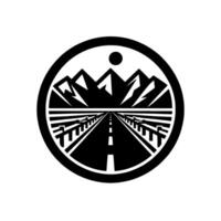 Black and white circular emblem featuring a road leading through mountains under a sun, bordered by a thick line. vector