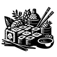 Elegant Black and White Sushi Feast A Decorative Illustration featuring Rolls, Soy Sauce, Chopsticks, and Japanese Accoutrements. vector