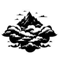 Serene Black and White Mountainscape Dramatic cloudscape surrounds a towering peak, rendered in a bold, art style against a pale backdrop. vector