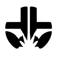 A symmetrical, bold, black and white emblem a stylized cross above radiating stylized leavespetals, creating an abstract organic . vector