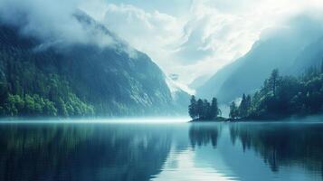 Misty Lake Reflecting Mountains with Dense Forest Under Cloudy Sky in Morning Light photo