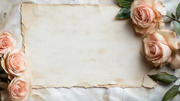 Peach Roses Frame with Aged Paper on Distressed Surface for Wedding Invitation photo