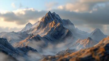 Snow Capped Mountain Peaks Under Cloudy Sky in Hilly Terrain with Warm Lighting and Volumetric Mist photo