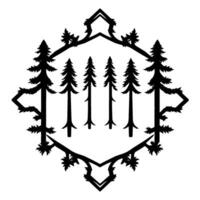 Geometric Black Forest Silhouette of Evergreen Trees Framed Within a Decorative, Angular Border on White. vector