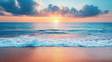 Orange Sky at Sunset with Clouds and Sea Waves Crashing on Beach Sand photo