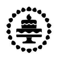 Black and White of a Tiered Cake with a Lit Candle on a Cake Stand Surrounded by a Decorative Border of Teardrop Shapes, on White. vector
