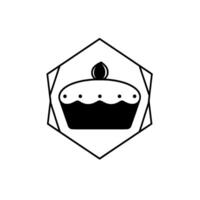 Minimalist black and white , featuring a stylized cupcake with five dot decorations, topped with a droplike ornament, framed by a hexagonal outline. vector