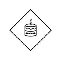 A simple, minimalist black and white line art illustration of a decorated candle with a burning flame, contained within a diamond frame. vector