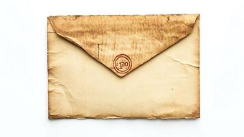 Detailed Top View of Antique Parchment Envelope with Stained Texture on White Backdrop photo