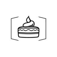Elegant black and white line art of a layered cake with whipped cream topping, framed within a decorative polygon, minimalist . vector