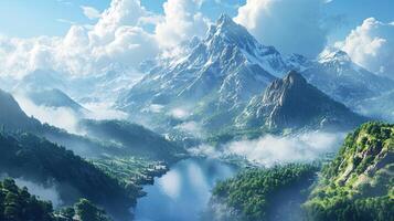 Picturesque Mountain Range With Lush Green Valley and Cloudy Sky Reflecting Over Lake in Daylight photo