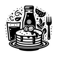 Monochrome Breakfast Still Life Stacked Pancakes with Syrup, Drink, and Garnish, Stylized Black and White Illustration. vector