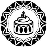Black and white illustration of a cake with a candle flame inside a detailed ornate circular frame, creating a striking and stylized . vector