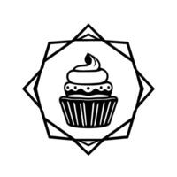 Minimalist Black and White Illustration of a Cupcake within a Geometric StarShaped Frame, Emphasizing Bakery, Dessert, and . vector