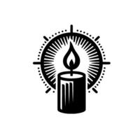 Stylized Black and White of a Lit Candle, Centered within a Detailed Circular Frame with Pointed Lines Crosslike Extensions. vector