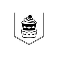 Black and white illustration of a cupcake atop a pedestal within a bannershaped frame, conveying sweetness and simplicity. vector