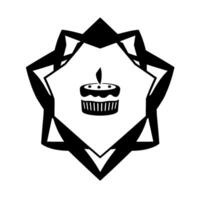 Black and White Cake with Lit Candle Centered in a Geometric Starburst Against White Background, Minimalist Aesthetic. vector