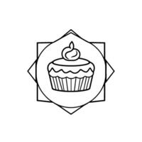 Black and white minimalist illustration of a cupcake within a circle, encased in a geometric diamond and square frame, perfect for logos or elements. vector