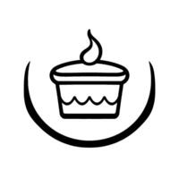 Simplified black and white illustration a cupcake with a candlelike flame, framed within a stylized semicircle. vector