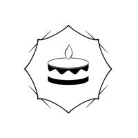 Minimalist grayscale birthday cake illustration with burning candle set within an ornate outlined emblem, on white background. vector