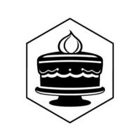 Black and white illustration of a birthday cake with a candle on a cake stand, framed inside a hexagonal border. vector