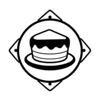 A stylized monochrome cake within a circular and diamond frame, showcasing dessert with a slice, perfect for logos and branding. vector