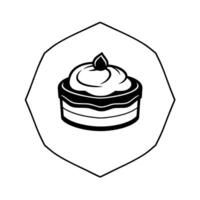 Isolated monochrome illustration a layered cake with cream topping and a dark, rounded top, framed within a geometric, polygonal border, creating a minimalist, . vector