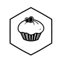 Black and white minimalist illustration of a cupcake with a cherry topping, framed within a hexagon. vector