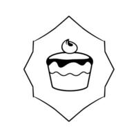 Simple black and white cupcake illustration, with a dollop on top, enclosed within a decorative geometric frame, against a clean white background. vector