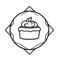 Black and white outlined cupcake , framed by a geometric rhombus and rounded circle, representing a bakery or element. vector
