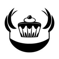 Stylized Black and White of a Cupcake with Cherry Topping and Ornamental Framing, Suggesting Delicious Dessert. vector