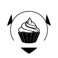 Elegant black and white cupcake within a circular frame, with directional arrows and a triangular element. vector